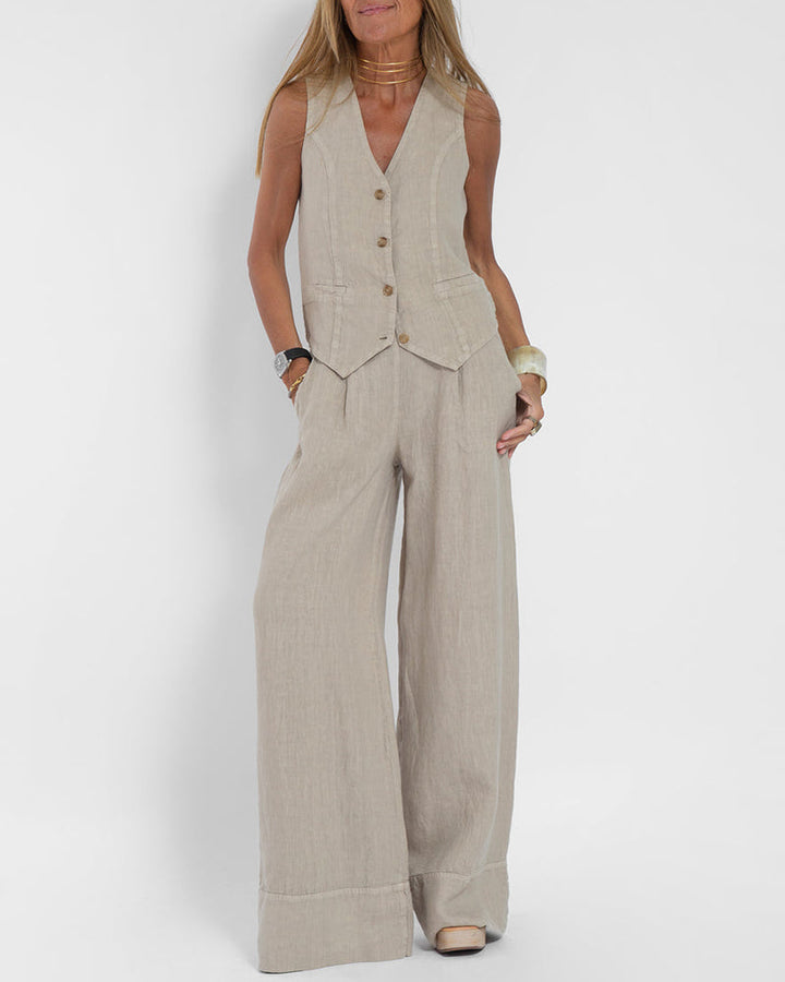 Lune London | Elegant 2-Piece Set Linen Wide Pants & Vest