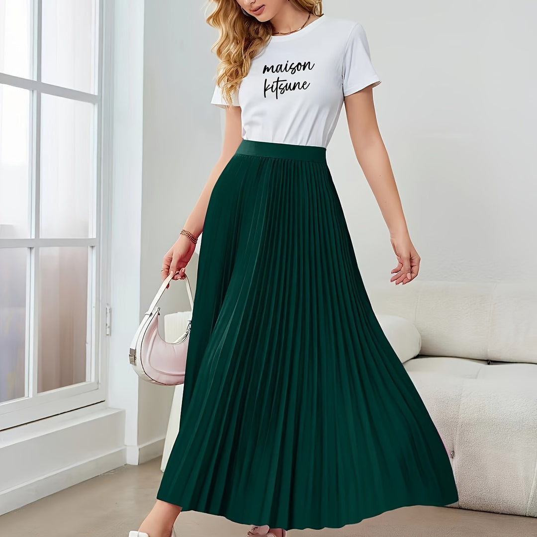 Lune London | Solid Color Pleated Midi Skirt with Elastic Waistband