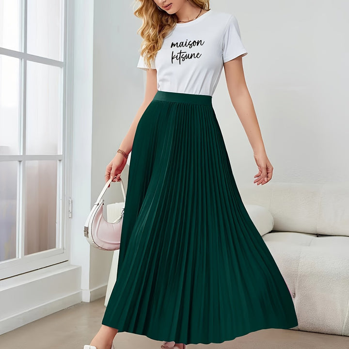 Lune London | Solid Color Pleated Midi Skirt with Elastic Waistband