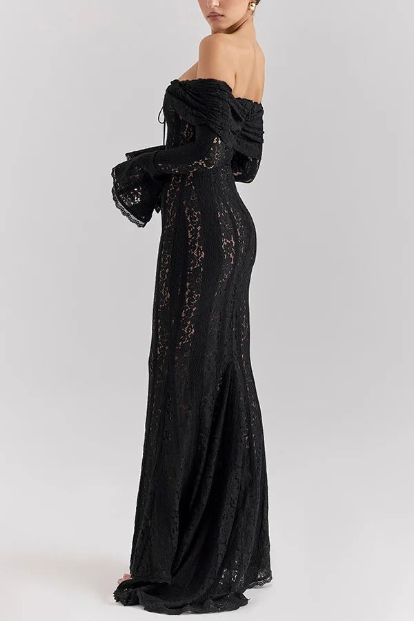 Lune London | Floral Lace Off Shoulder Flare Sleeve Fishtail Maxi Dresses - White