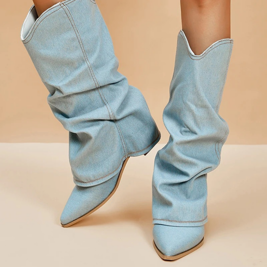 Lune London | Pleated Denim Boots with Block Heel