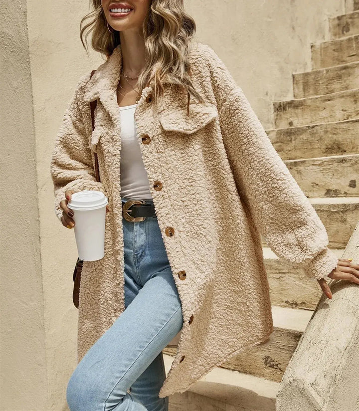 Chic und Stil | Comfortable teddy jacket with button placket & chest pockets