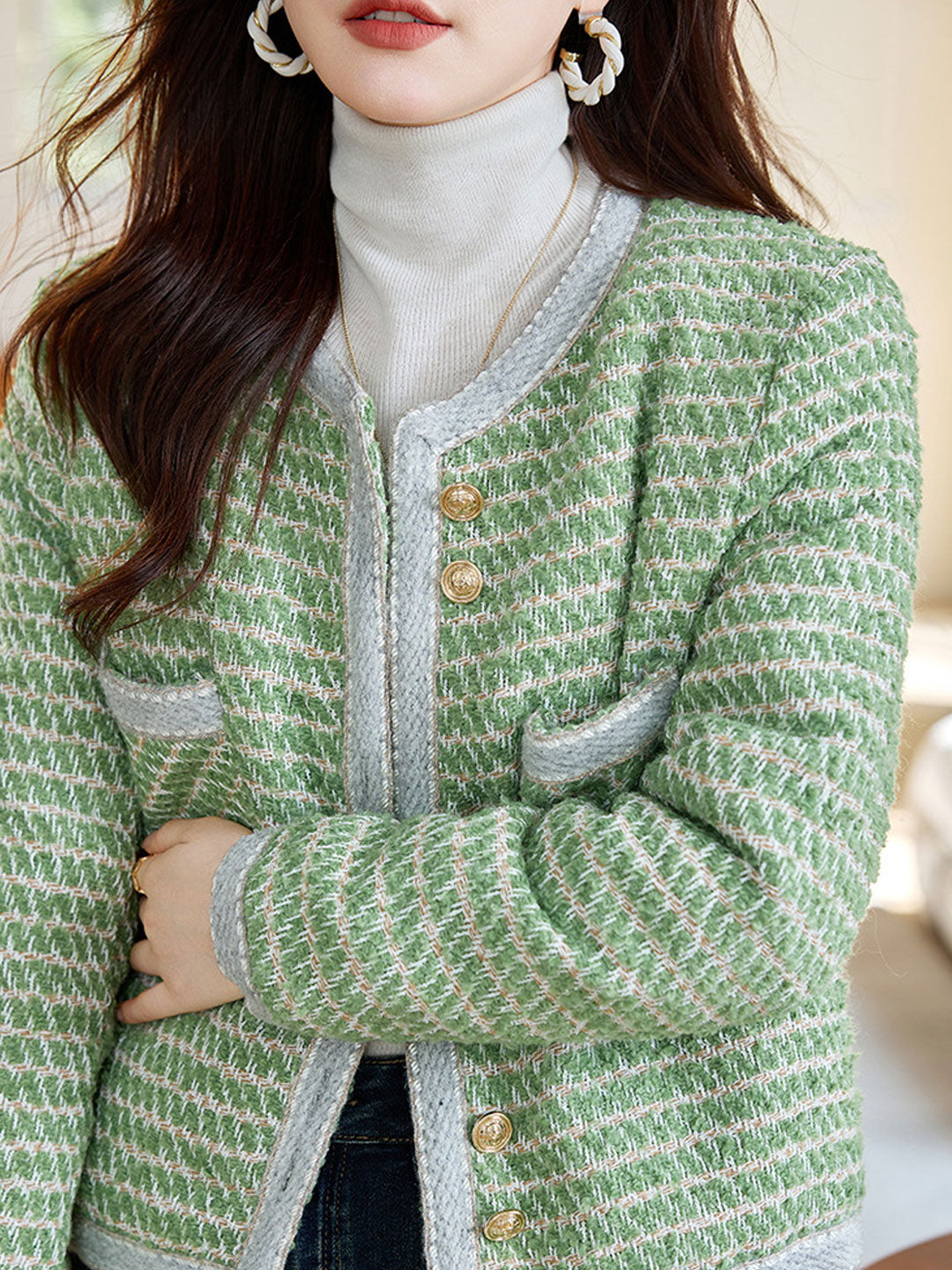 Lune London | Classic Crew Neck Yarn Button Tweed Jacket