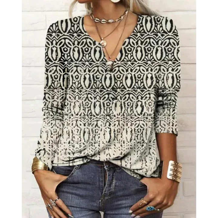 Lune London | Style V Neck Blouse with Long Sleeves - Colorful Floral Pattern Design for Women