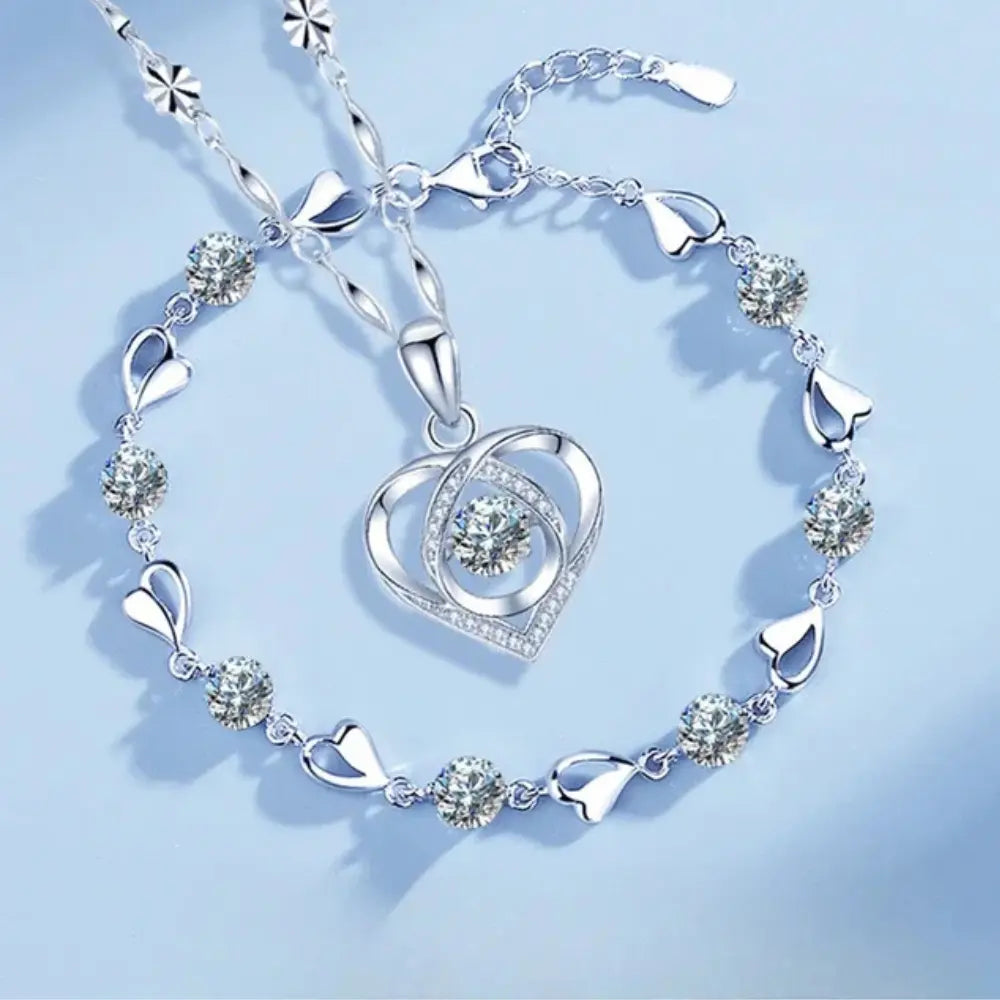 Lune London | 925 Sterling Silver Heart Shaped Necklace Bracelet Set for Women
