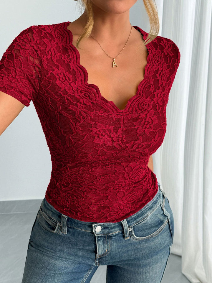Lune London | Women Solid Sexy Lace V-Neck Short Sleeve