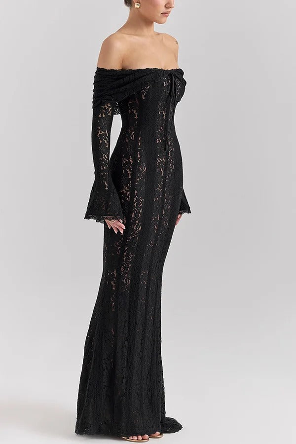 Lune London | Floral Lace Off Shoulder Flare Sleeve Fishtail Maxi Dresses - White