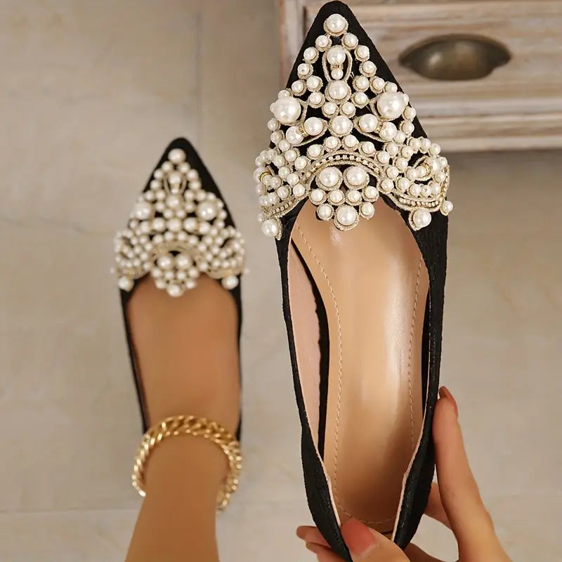Lune London | Elegant Bridal Ballet Flats with Lace and Artificial Pearls