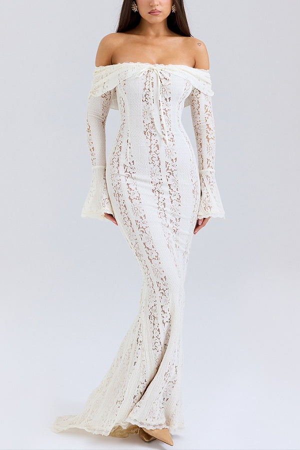 Lune London | Floral Lace Off Shoulder Flare Sleeve Fishtail Maxi Dresses - White