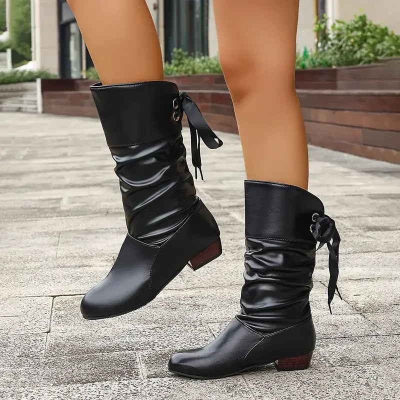 Lune London | Women's Fashion Lacing Chunky Heel Boots Up to the Calf