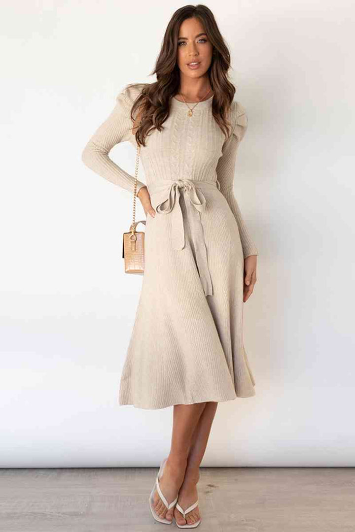 Lune London | Round Neck Long Sleeve Knot Waist Sweater Dress