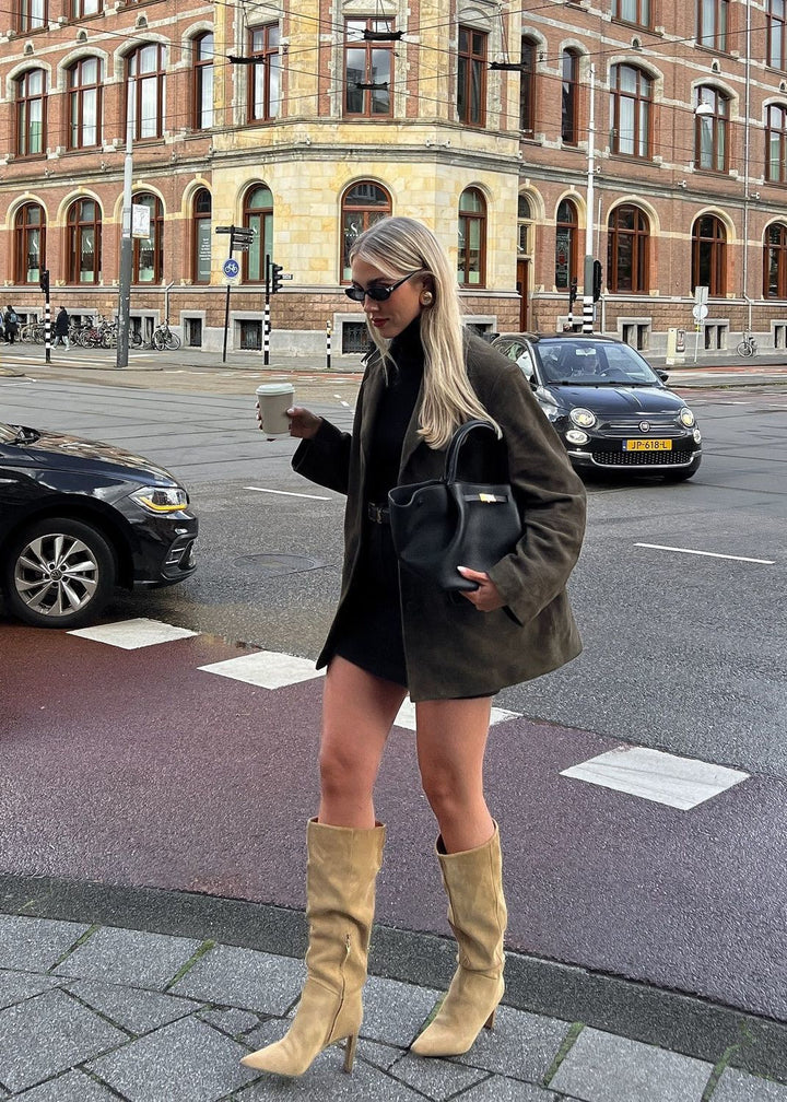 Lune London | Faux Suede Tailored Blazer in Deep Olive