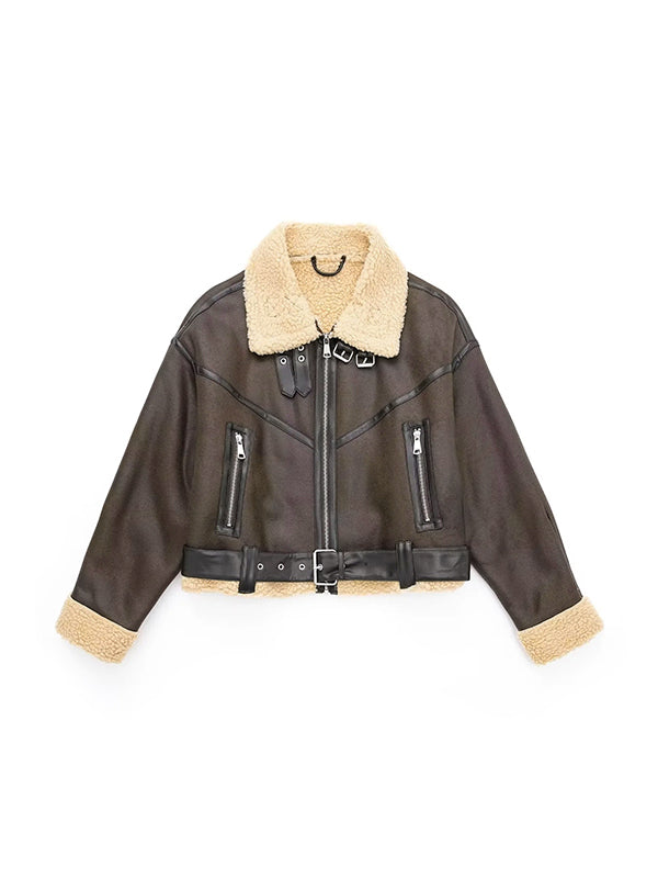 Lune London | Brown lambswool lined leather splice short jacket
