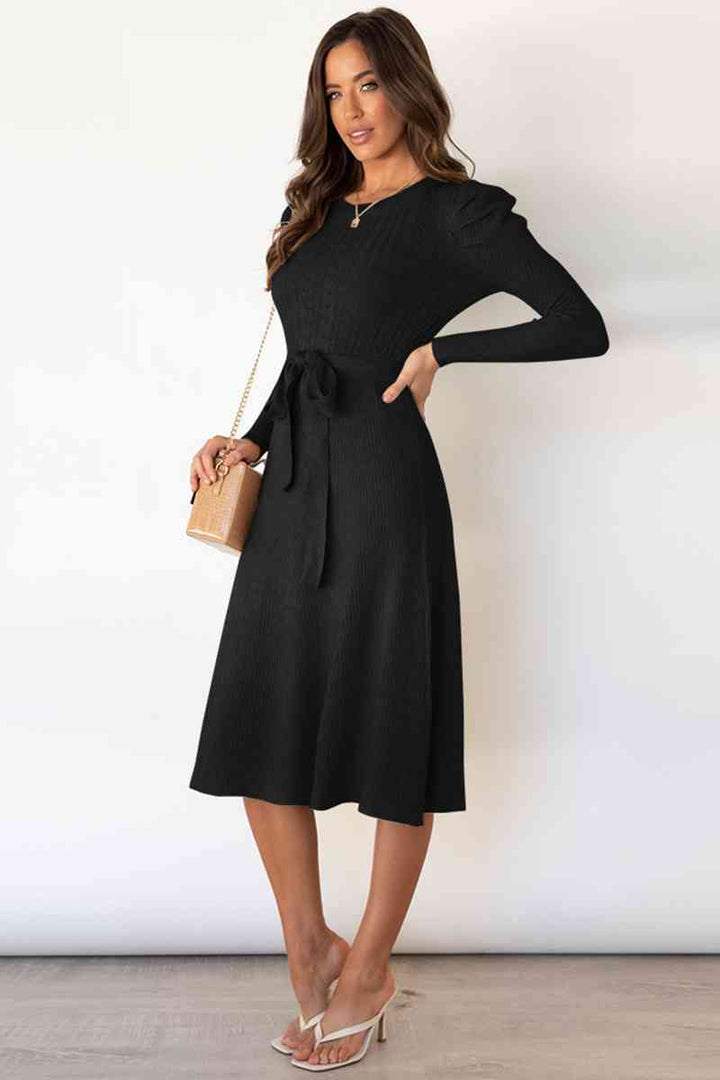 Lune London | Round Neck Long Sleeve Knot Waist Sweater Dress