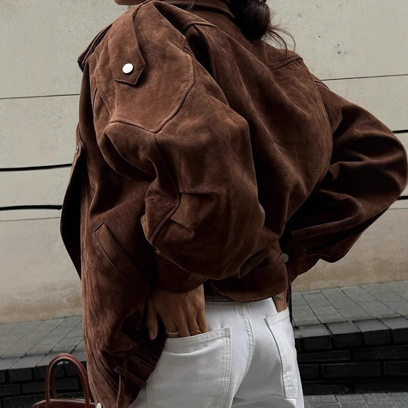 Chic und Stil | Oversized bomber jacket in a suede look with an asymmetrical zipper