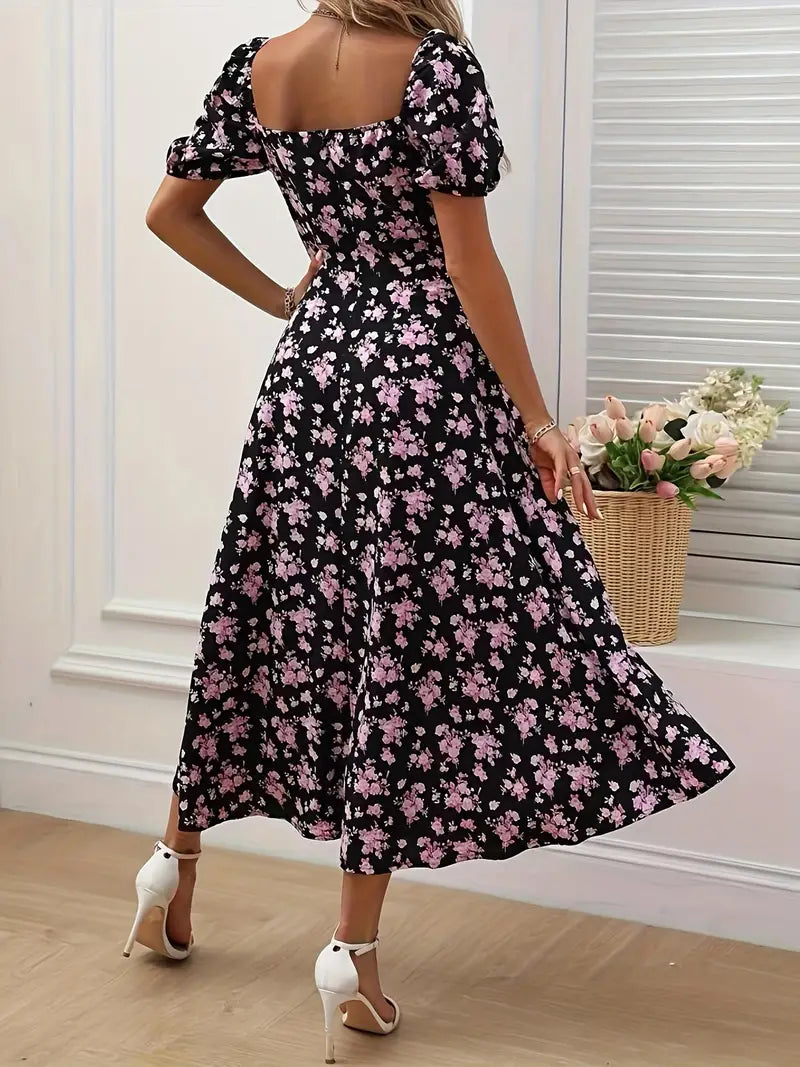 Lune London | Chic dress with puff sleeves in A-line style with floral print