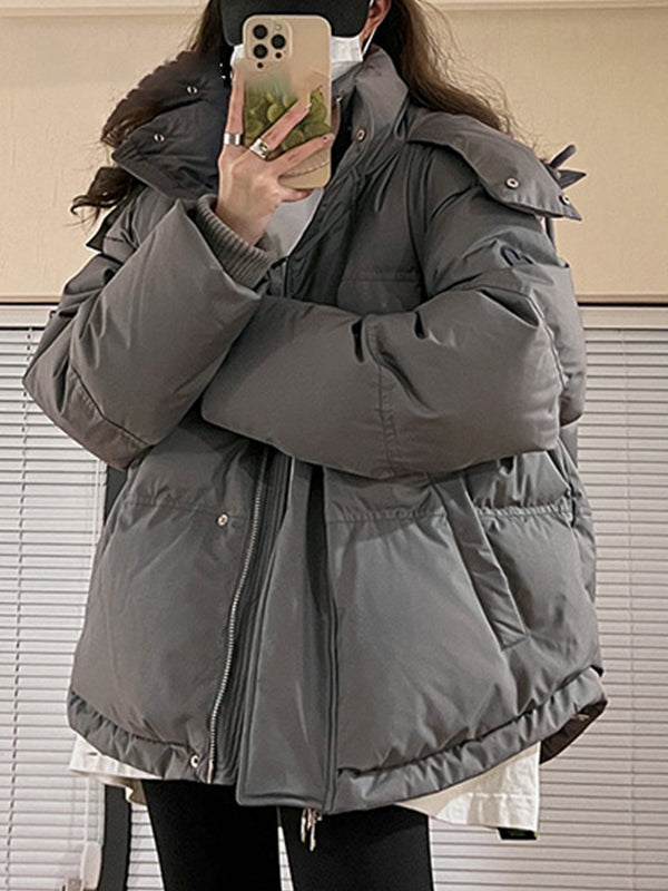 Lune London | Gray Solid Heart-Decorated Hooded Puffer Jacket