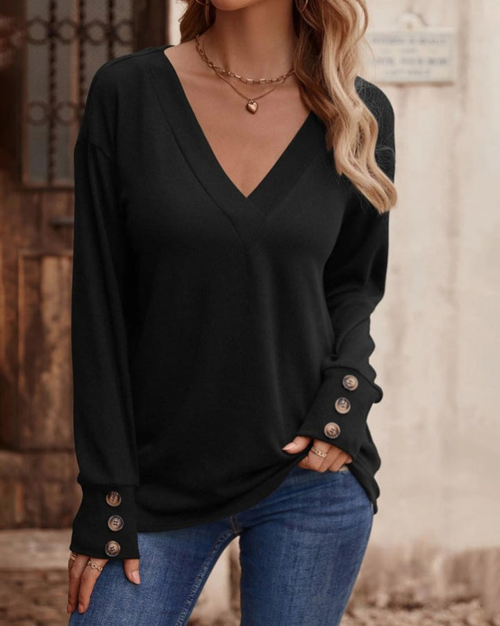 Lune London | Solid Long Sleeve Top with Button and V Neck