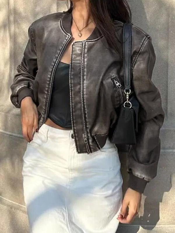 Lune London | Solid Color Leather Bomber Jacket