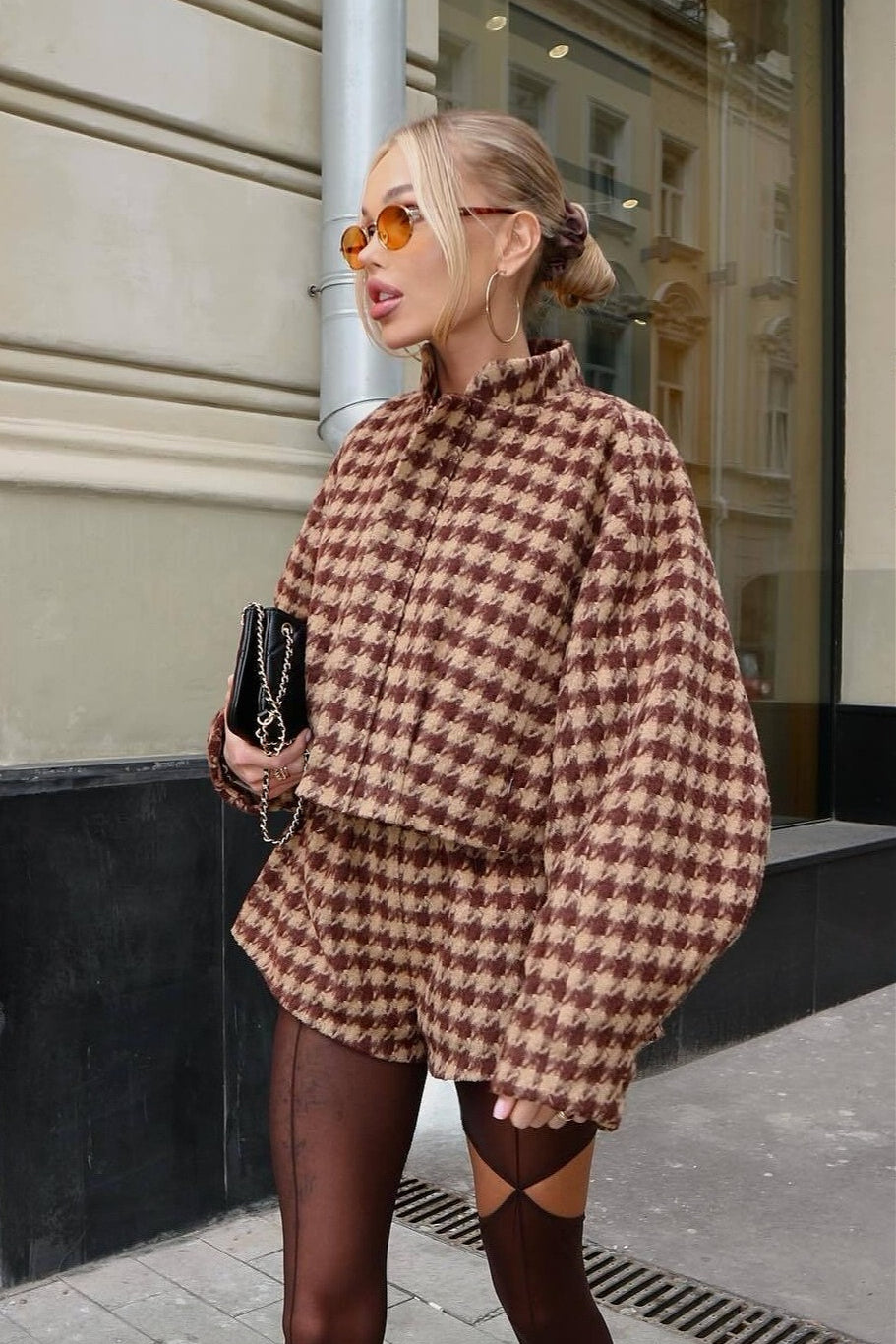 Lune London | Houndstooth Zip Jacket and Shorts Two-Piece Set