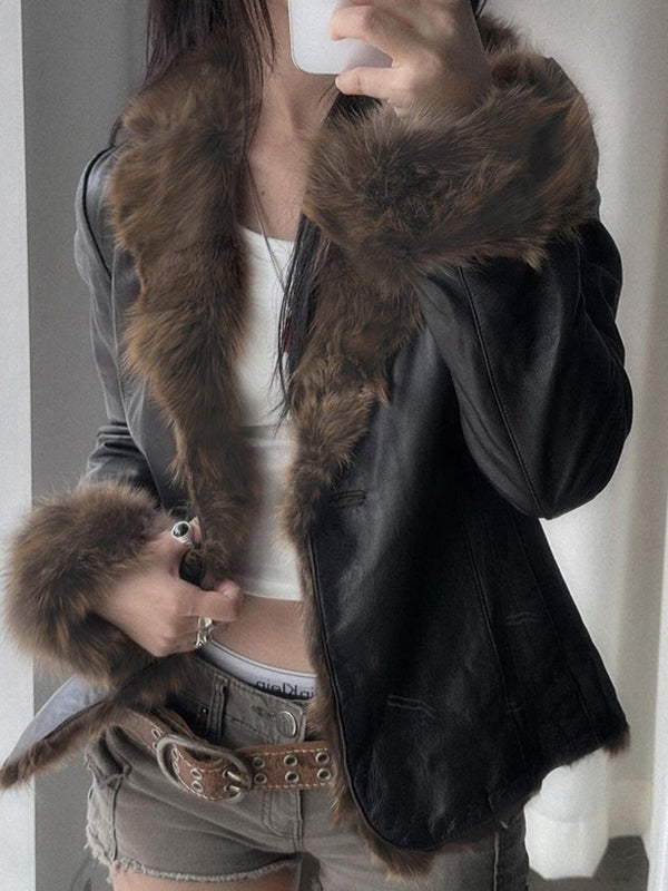Lune London | American Style Fur Collar Patchwork Leather Jacket