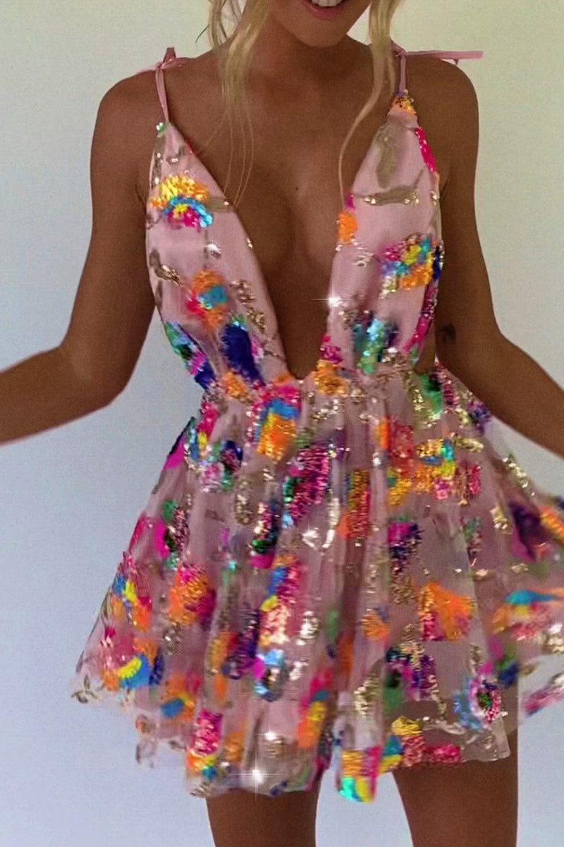Lune London | Rainbow Sequin Open Back Slip Mini Dress