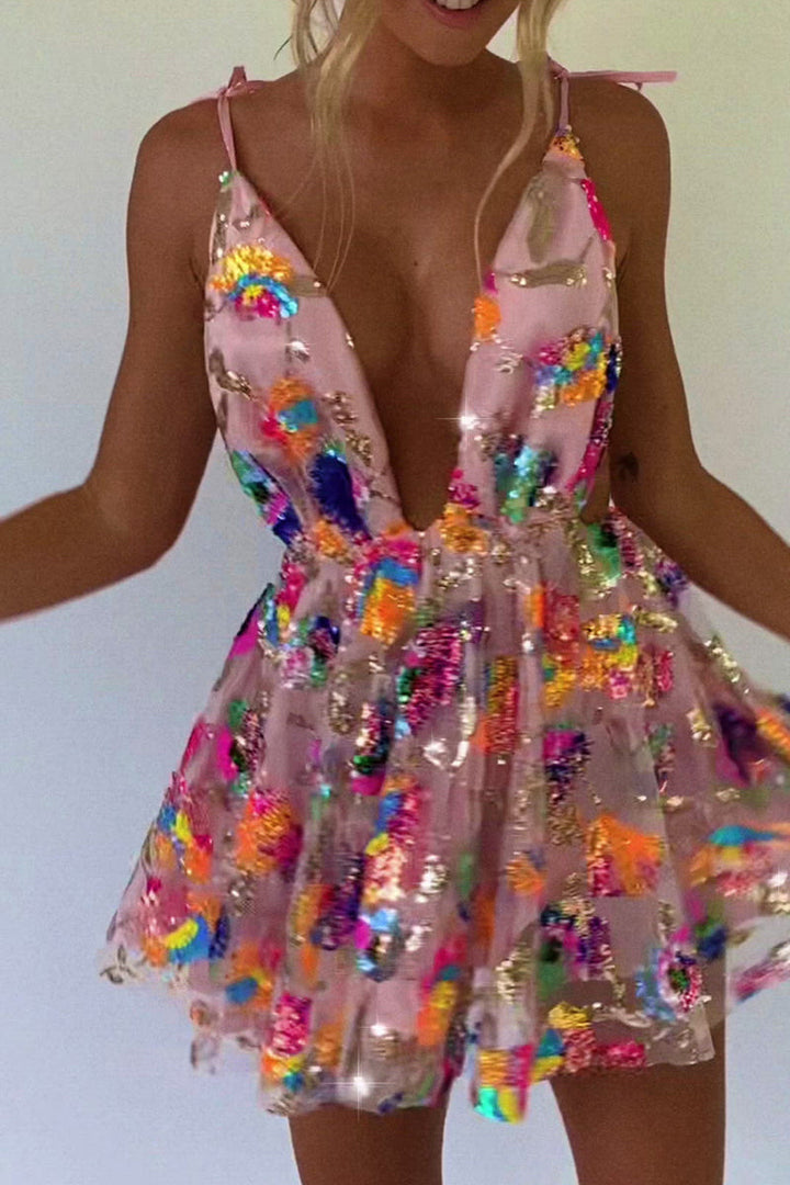 Lune London | Rainbow Sequin Open Back Slip Mini Dress