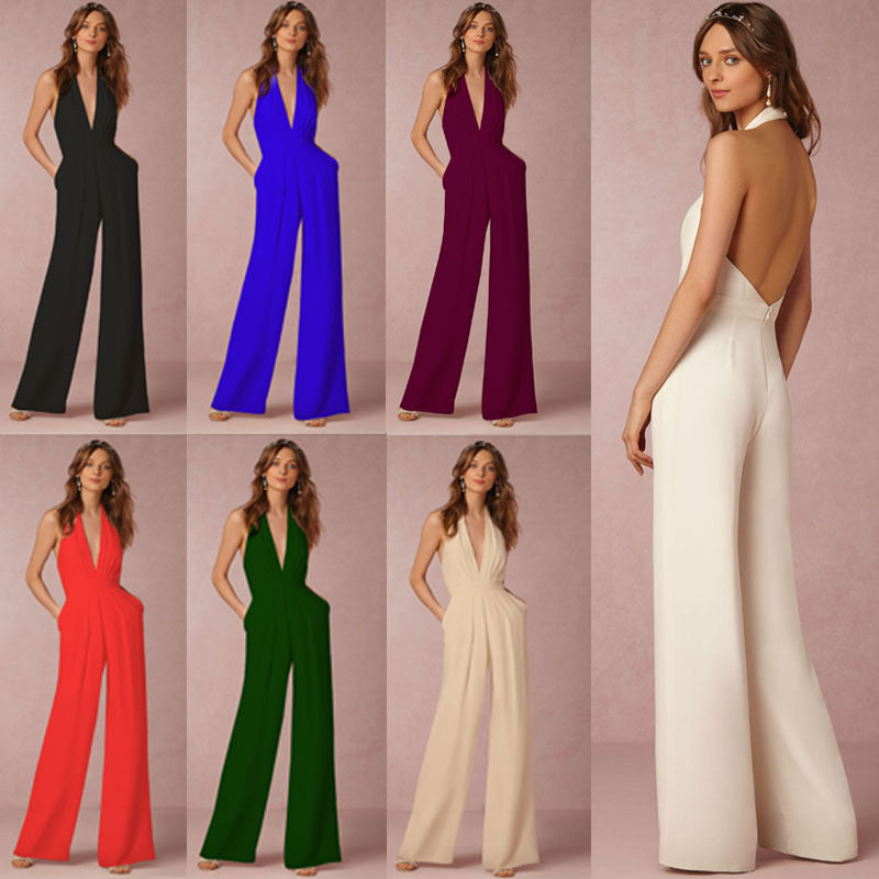 Ladies elegant jumpsuit with deep V-neckline and wide-leg silhouette Lune London