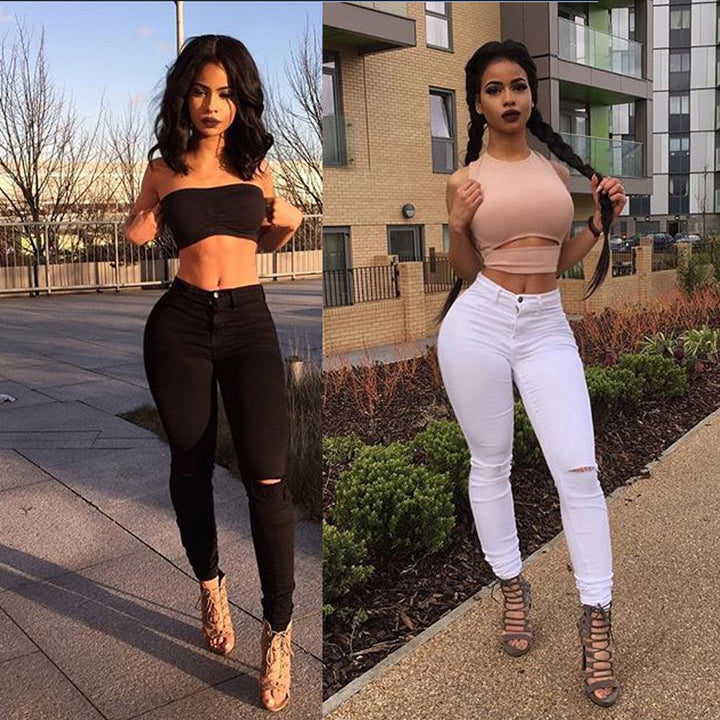 High-waisted skinny jeans for women with trendy tear details Lune London