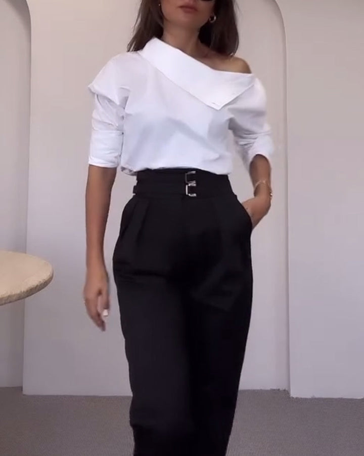 Women’s Cotton-Blend Blouse with Stand-Up Collar & Buckle Detail | Lune London