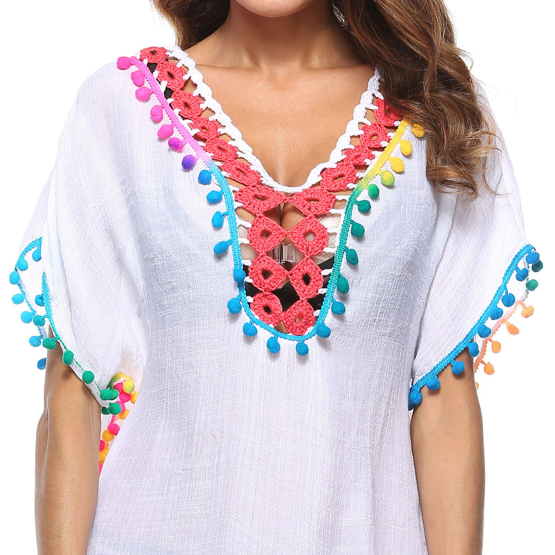 Beach dress adorned with bright pom poms for women Lune London