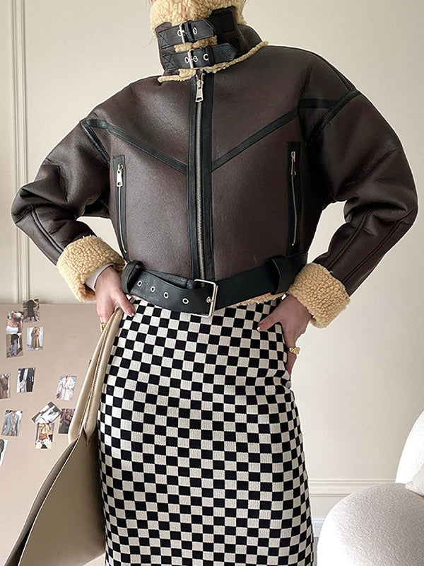 Lune London | Brown lambswool lined leather splice short jacket
