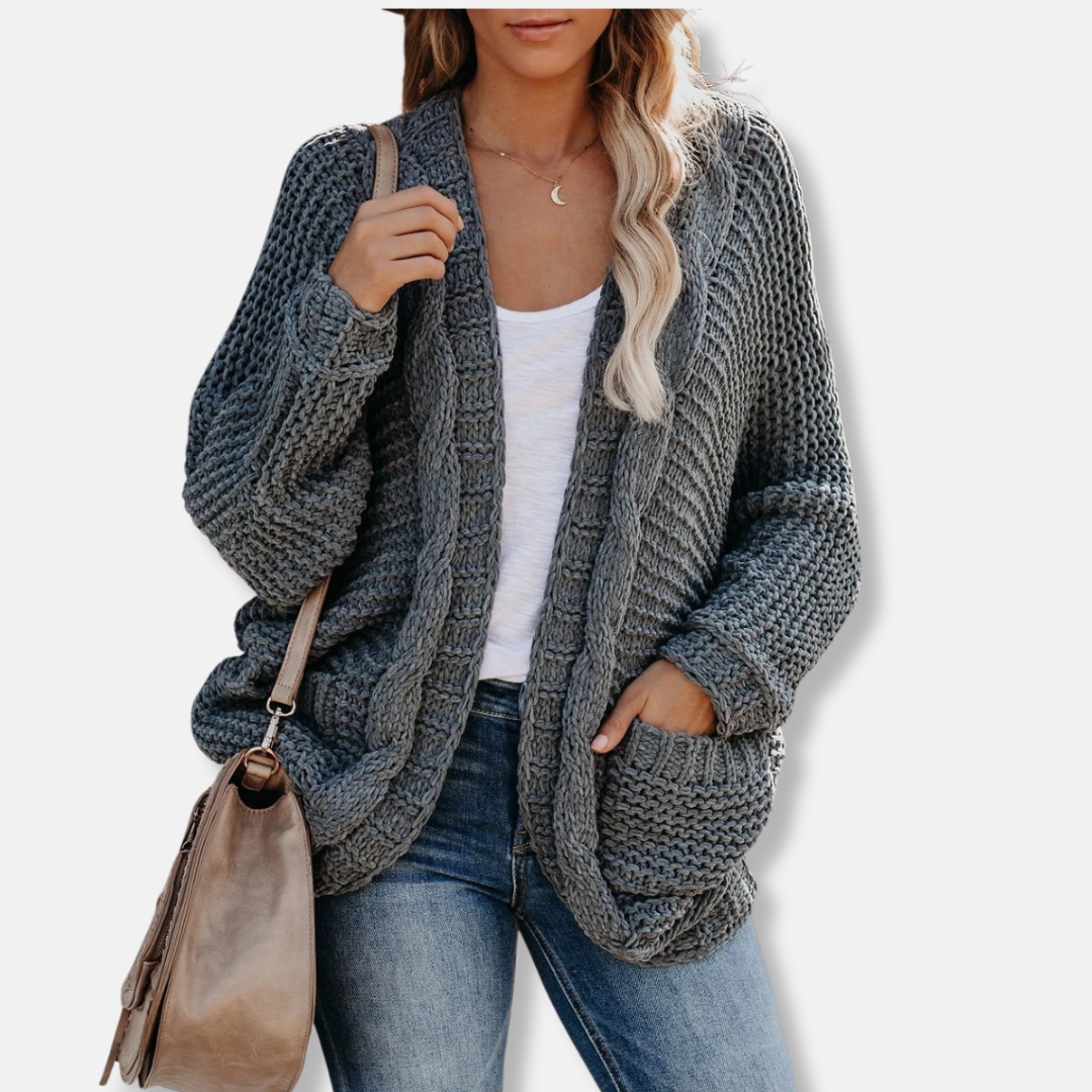 Lune London | Wool Oversized Cardigan - Ribbed Open Front Pocket Cardigan