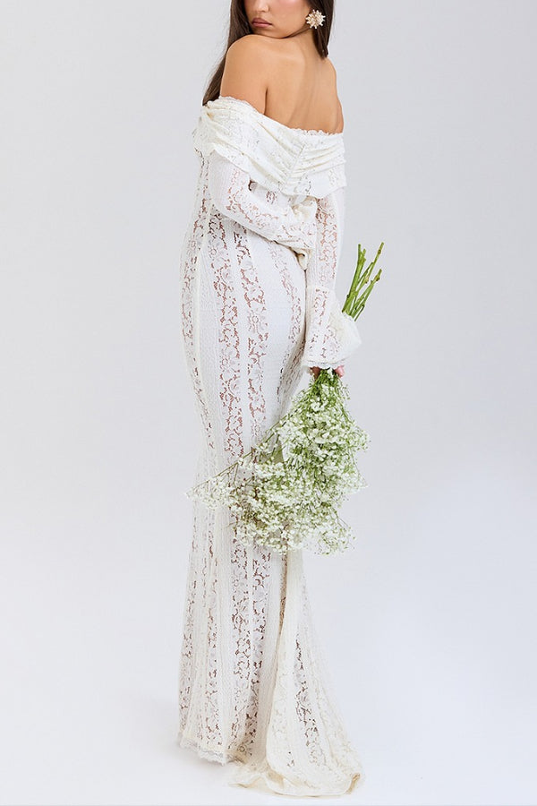 Lune London | Floral Lace Off Shoulder Flare Sleeve Fishtail Maxi Dresses - White
