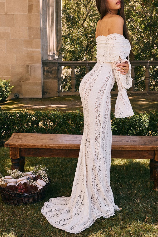 Lune London | Floral Lace Off Shoulder Flare Sleeve Fishtail Maxi Dresses - White