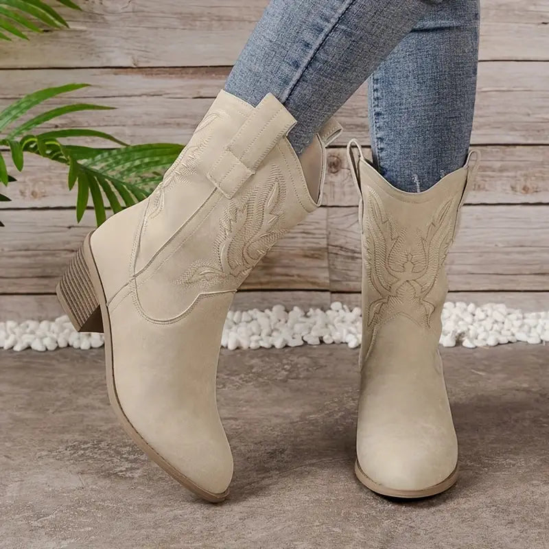 Lune London | Vintage Western Cowboy Boots with V-Cut Embroidery and Block Heel