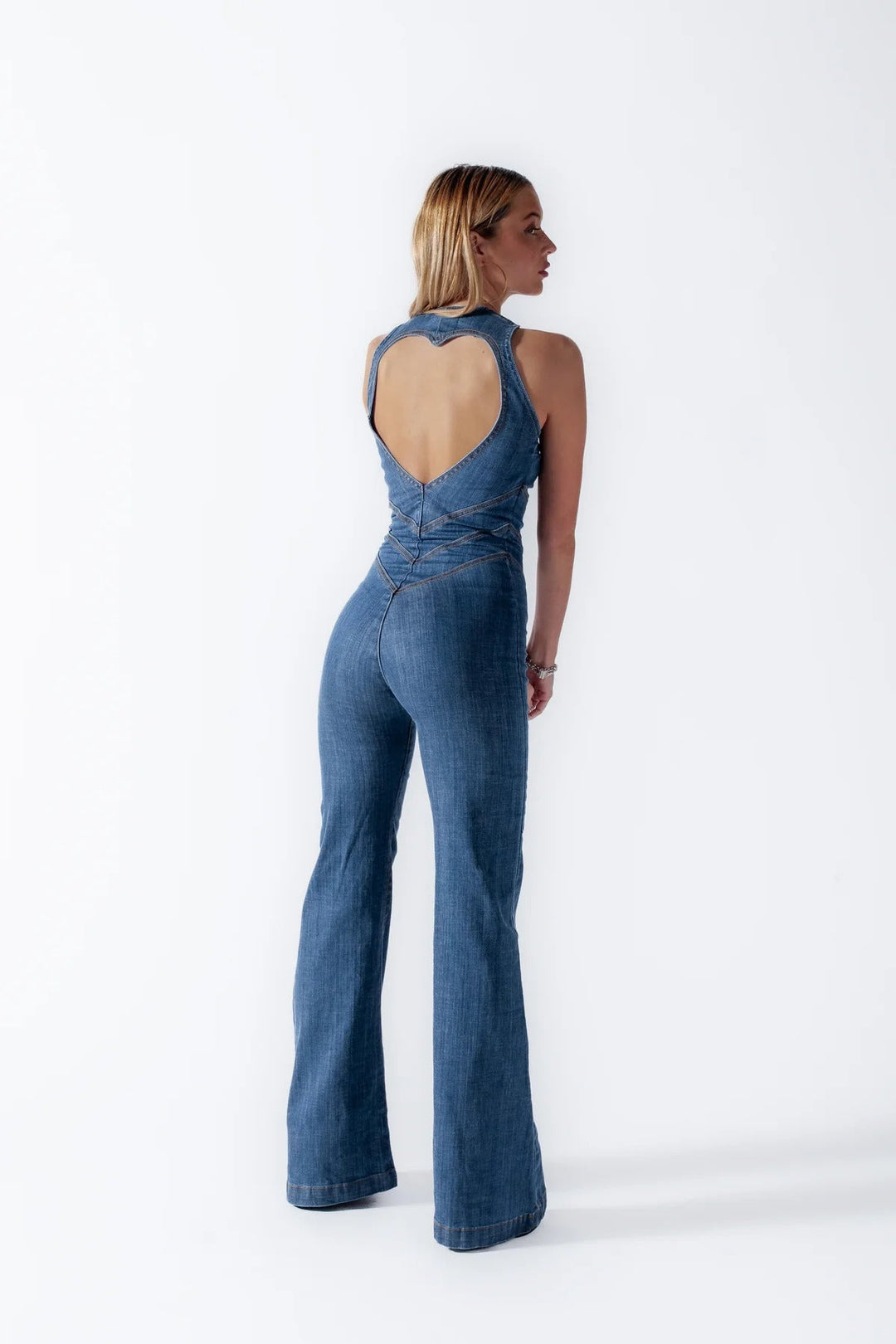 Lune London | Women's denim overalls, back cutout with heart-shaped neckline, sleeveless, fitted, jumpsuit