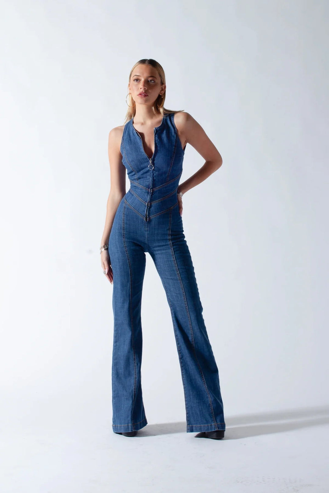 Lune London | Women's denim overalls, back cutout with heart-shaped neckline, sleeveless, fitted, jumpsuit
