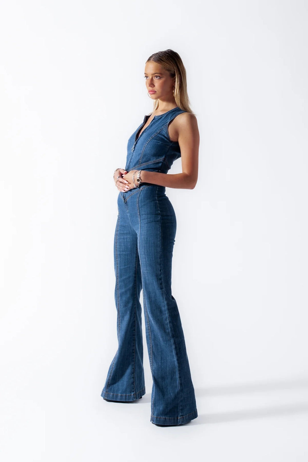 Lune London | Women's denim overalls, back cutout with heart-shaped neckline, sleeveless, fitted, jumpsuit