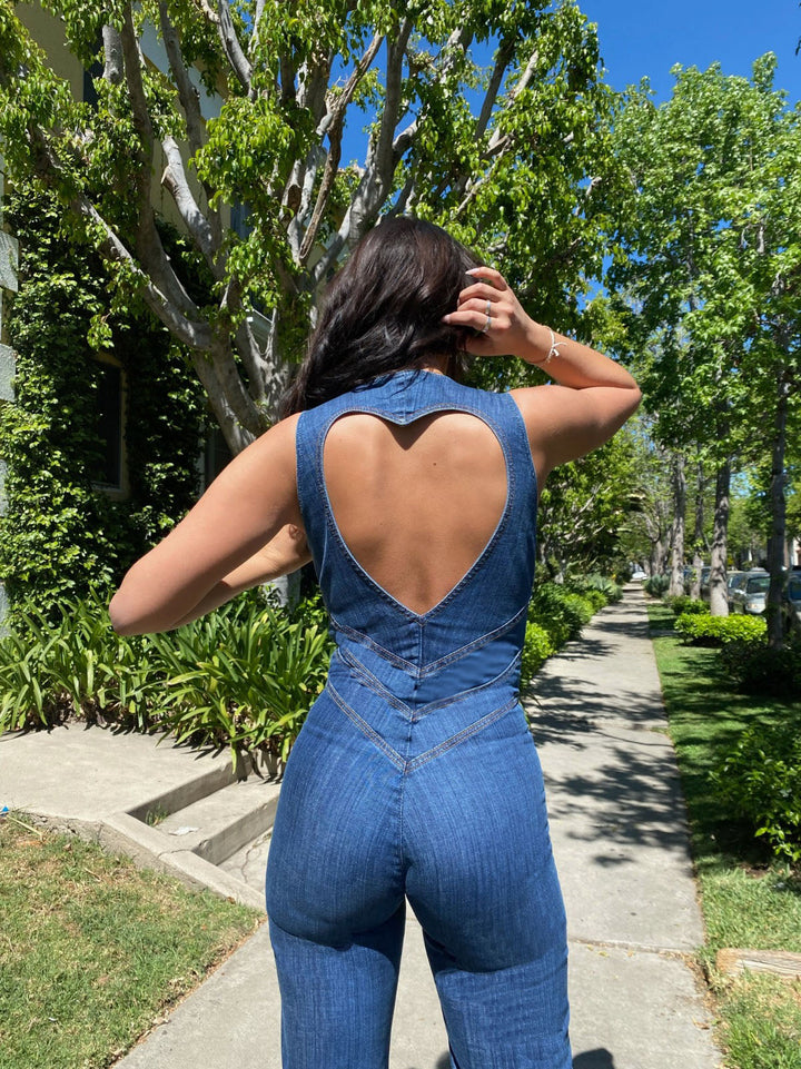 Lune London | Women's denim overalls, back cutout with heart-shaped neckline, sleeveless, fitted, jumpsuit