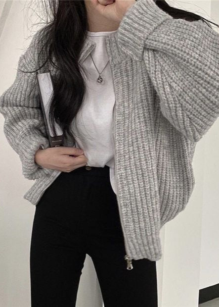 Lune London | Zipper Chunky Knit Cardigan - Oversized Ribbed Jacket