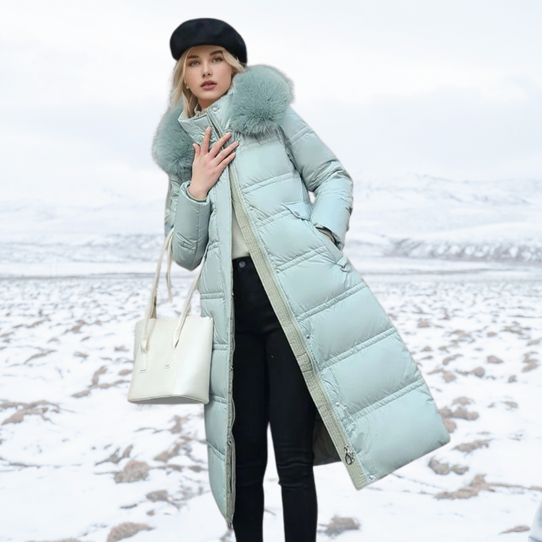 Lune London | Elegant Longer Quilted Coat with Hood Made Of Faux Fur for Women