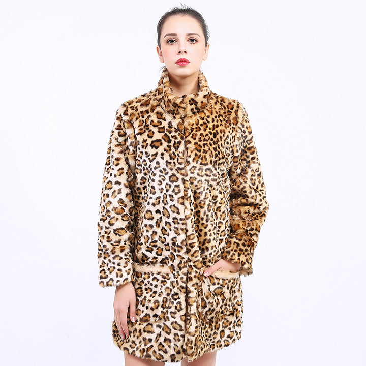 Leopard faux fur jacket for women with high collar and practical pockets Lune London