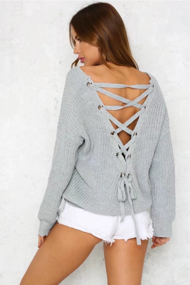 Knitted sweater for women with an extravagant back cut and lace-up details Lune London