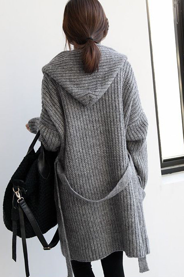 ladies plus knit long cardigan with hood and front openings Lune London