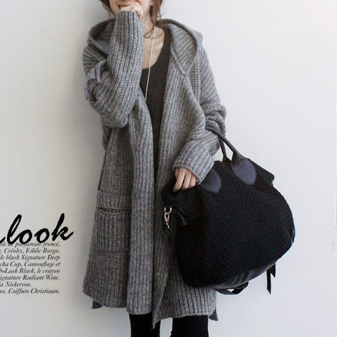 ladies plus knit long cardigan with hood and front openings Lune London