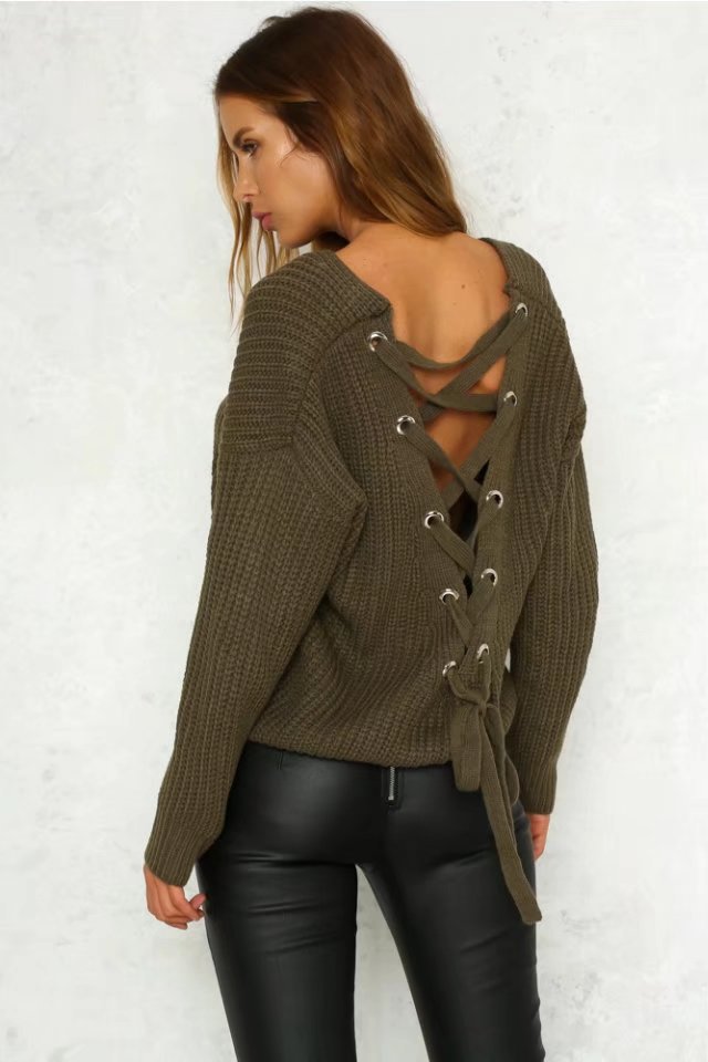 Knitted sweater for women with an extravagant back cut and lace-up details Lune London
