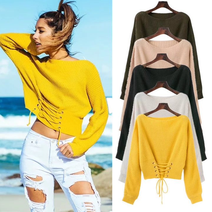 Knit sweater for women with open back detail and adjustable laces Lune London