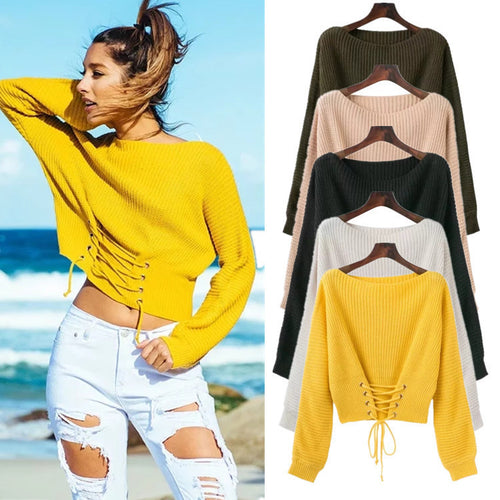 Knit sweater for women with open back detail and adjustable laces Lune London