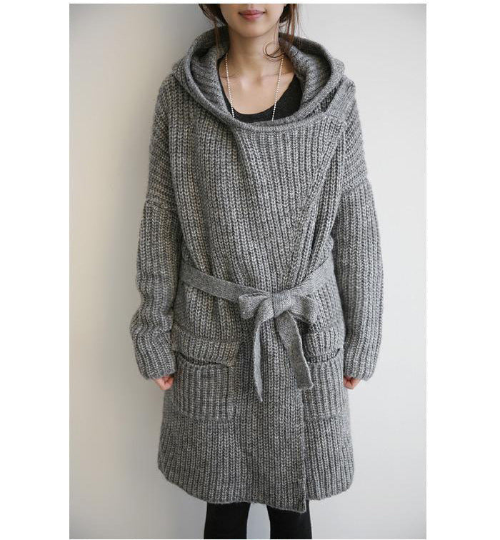 ladies plus knit long cardigan with hood and front openings Lune London